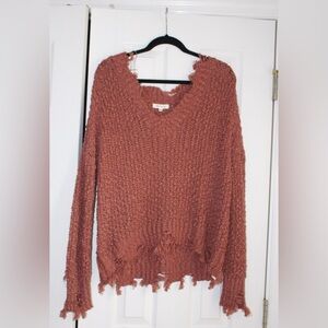 Miracle Distressed V-Neck Sweater in Rusty Rose